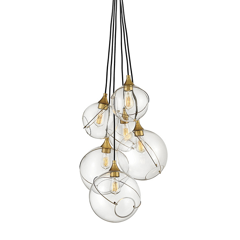 Подвесной светильник с шестью прозрачными стеклянными шарообразными плафонами Hinkley Латунь Прозрачное Стекло в Уфе | Loft Concept 