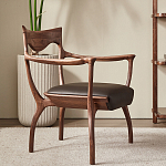 Стул деревянный с мягким сиденьем из коричневой натуральной кожи Moon Walnut Furniture варинант исполнения - 11 | Loft Concept в Уфе