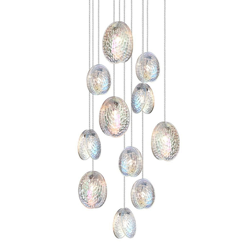 Люстра каскадная с 11-ю круглыми плафонами из рельефного стекла Disc Light Черный Прозрачный Перламутровый в Уфе | Loft Concept 