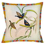 Декоративная подушка бежевая в разноцветную полоску с изображением птиц и цветов Blooming Birds Colorful Cushion варинант исполнения - 8 | Loft Concept в Уфе
