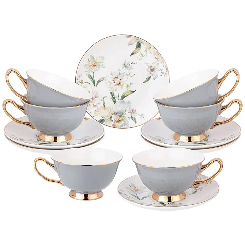 Чайный набор из фарфора на 6 персон Grey Tea Porcelain Set Белый Золотой Серый в Уфе | Loft Concept 