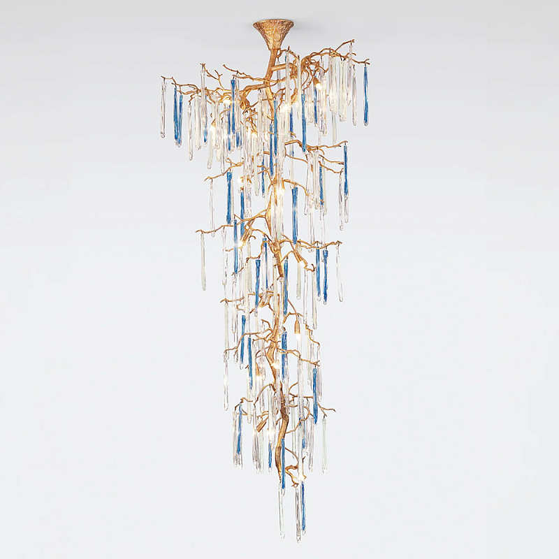 Люстра каскадная с прозрачными и голубыми подвесками в форме капель Droplet Chandelier Золотой Прозрачный Голубой Люстра каскадная с прозрачными и голубыми подвесками в форме капель Droplet Chandelier Золотой Прозрачный Голубой в Уфе | Loft Concept