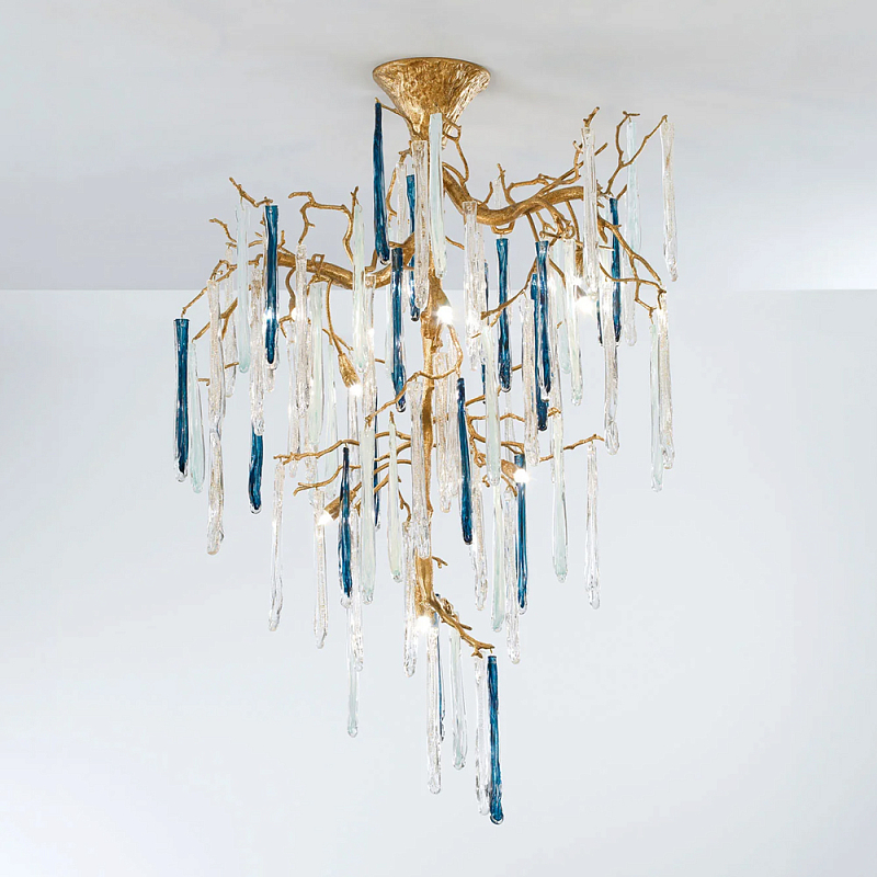Люстра с прозрачными и голубыми подвесками в форме капель Droplet Chandelier Золотой Прозрачный Синий Люстра с прозрачными и голубыми подвесками в форме капель Droplet Chandelier Золотой Прозрачный Синий в Уфе | Loft Concept