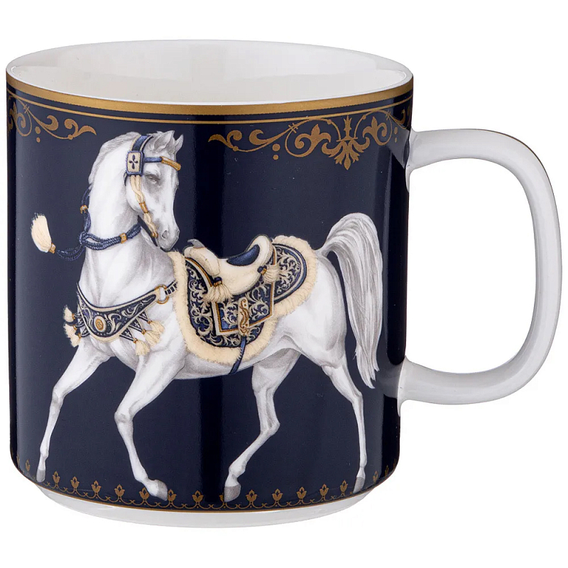 Кружка из фарфора синяя с изображением лошадей 400 мл Porcelain Horse Set Белый Синий Золотой в Уфе | Loft Concept 