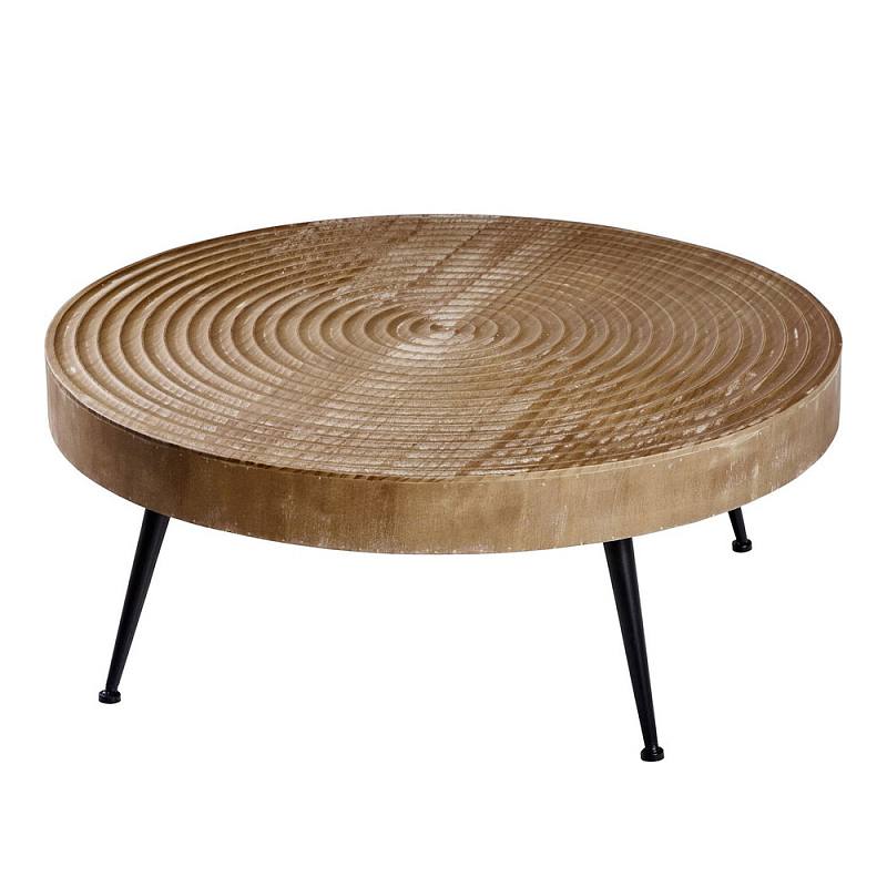 Журнальный столик с круглой фактурной столешницей из натурального дерева Vortex Коричневый Черный в Уфе | Loft Concept 