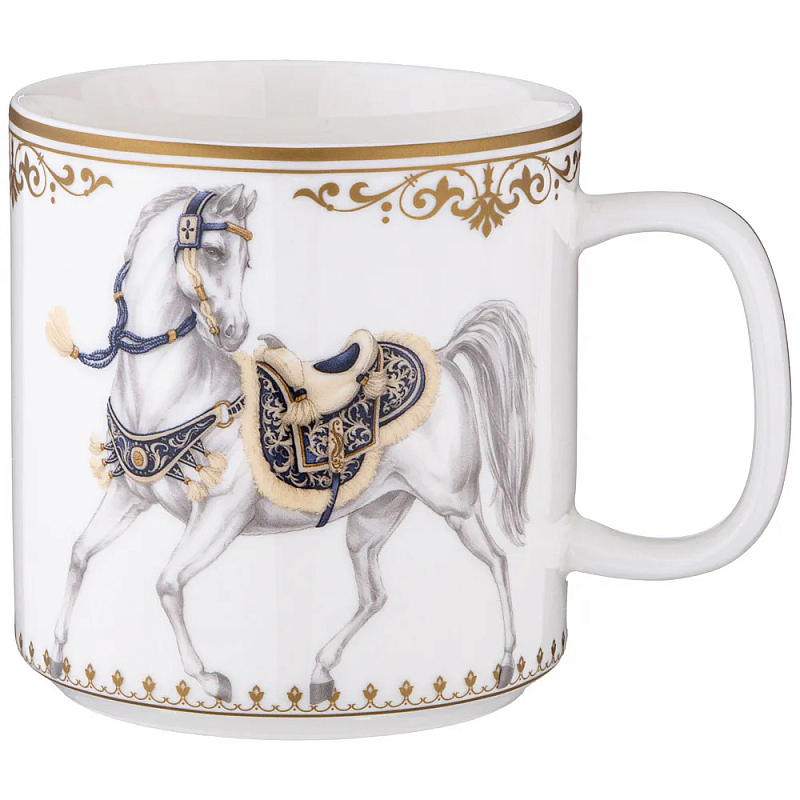 Кружка из фарфора белая с изображением лошади 400 мл Porcelain Horse Set Белый Синий Золотой в Уфе | Loft Concept 