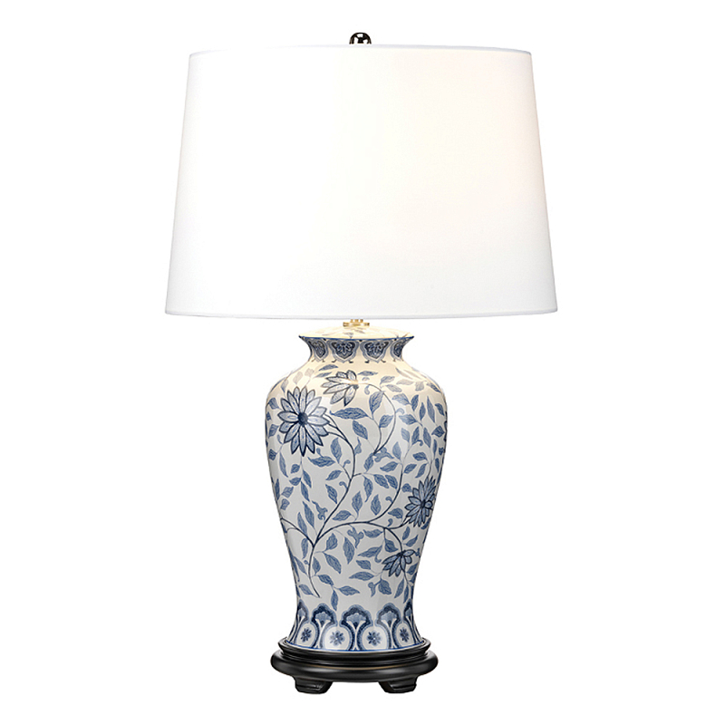 Настольная лампа с керамическим основанием в белом цвете с синим цветочным орнаментом на темной деревянной подставке и тканевым абажуром Elstead Lighting Белый Синий Черный в Уфе | Loft Concept 