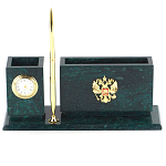 Настольный письменный набор с гербом России и часами из природного камня змеевик Successful Leader варинант исполнения - 1 | Loft Concept в Уфе