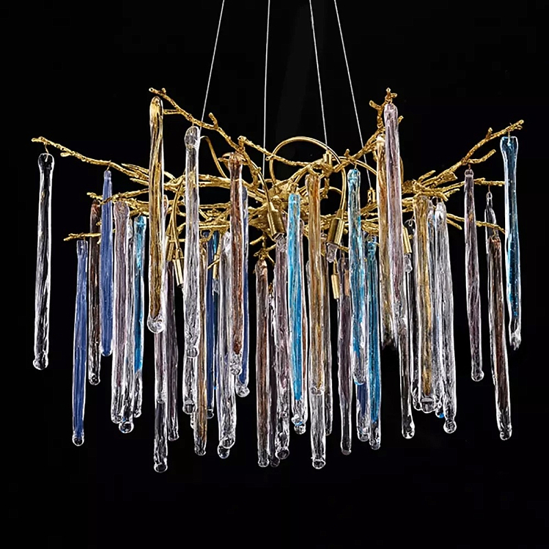 Люстра на подвесе с каркасом из металла и цветными подвесками из стекла Droplet Chandelier Золотой Прозрачный Голубой Янтарный Люстра на подвесе с каркасом из металла и цветными подвесками из стекла Droplet Chandelier Золотой Прозрачный Голубой Янтарный в Уфе | Loft Concept