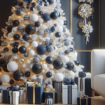 Украшенная Белая Новогодняя Елка с сине-белыми шарами и и муляжами подарков в комплекте варинант исполнения - 2 | Loft Concept в Уфе