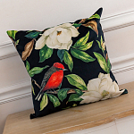 Декоративная подушка чёрная с изображением птиц и цветов Blooming Reds Birds варинант исполнения - 2 | Loft Concept в Уфе