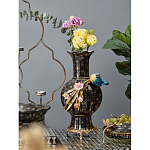 Ваза черная фарфоровая с  узором и бронзовым декором в виде веток с фарфоровой птичкой и цветами Eden Garden варинант исполнения - 2 | Loft Concept в Уфе