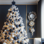 Украшенная Белая Новогодняя Елка с сине-белыми шарами и и муляжами подарков в комплекте варинант исполнения - 1 | Loft Concept в Уфе