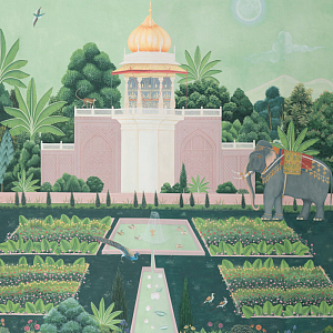 Обои ручная роспись Mahal Garden Original colourway on blue painted Xuan paper