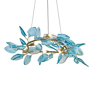 Люстра светодиодная золотистом каркасе с синими стеклянными листьями Blue Light Wreath