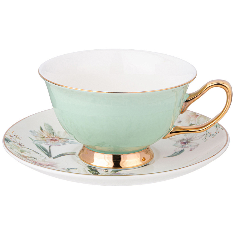 Чайная пара из фарфора 200 мл Green Tea Porcelain Set Белый Золотой Зеленый в Уфе | Loft Concept 